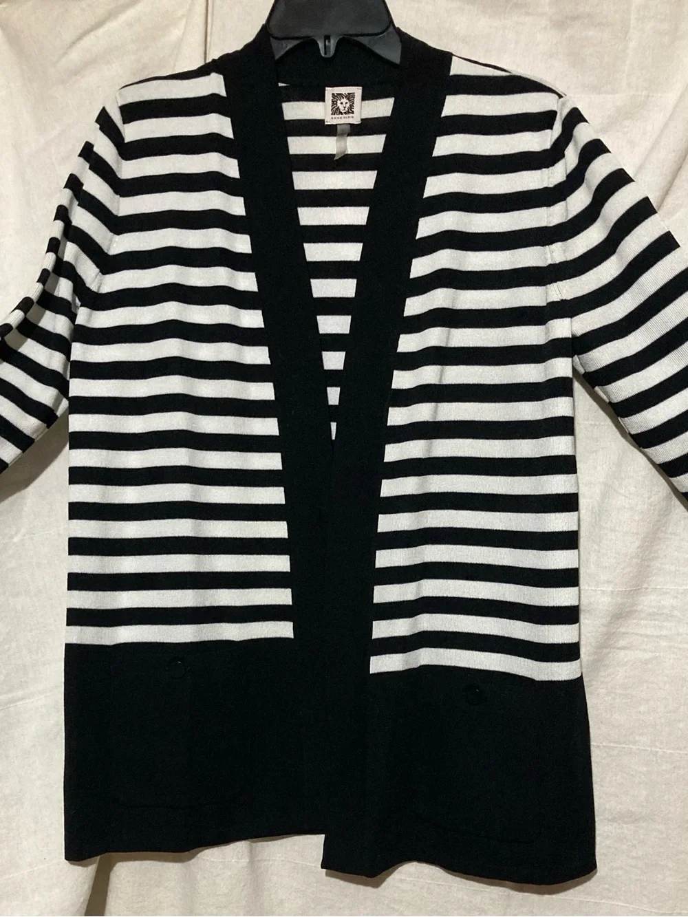 Anne Klein Black and White Striped Open-Front Cardigan